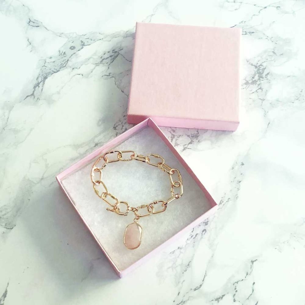 NIB Faux Pink Rose Quartz & Gold Pendant Cable Chain Kids' Bracelet - Picture 2 of 3